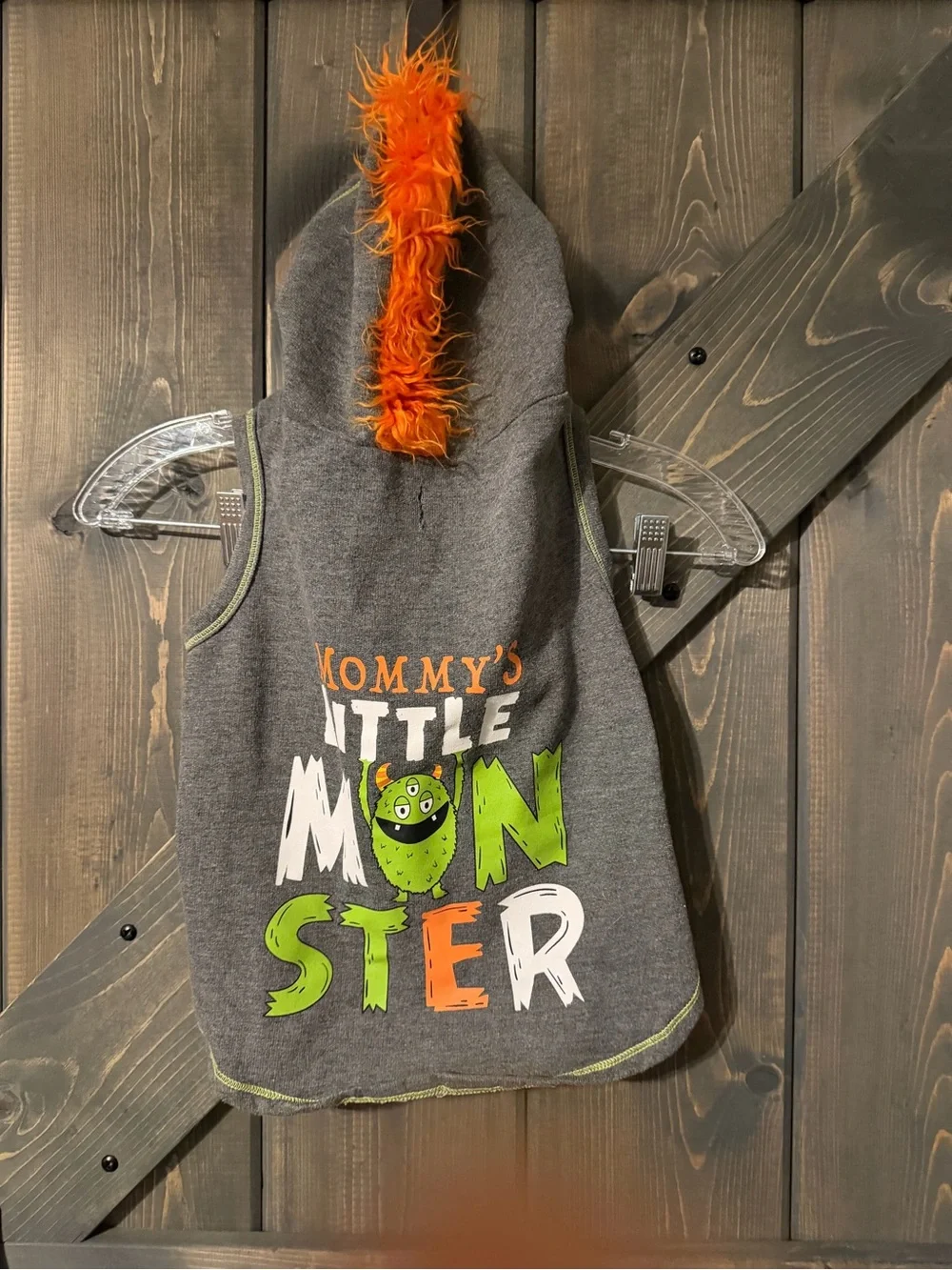 Mommy's Little Monster Hooded Toddler Vest - Gray with Orange & Green Medium